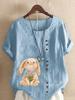 Women's Fashion Rabbit Print Casual Cotton Linen Short Sleeve Round Neck T-shirt Shirt Leisure Loose Summer Blouse Tops