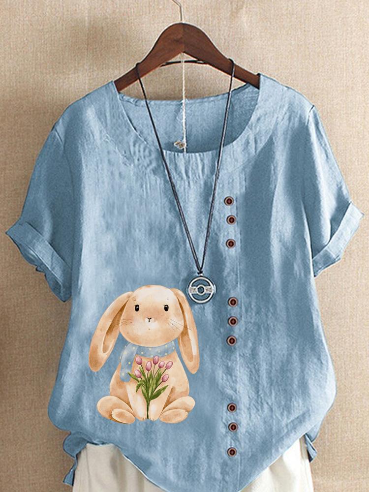 Women's Fashion Rabbit Print Casual Cotton Linen Short Sleeve Round Neck T-shirt Shirt Leisure Loose Summer Blouse Tops
