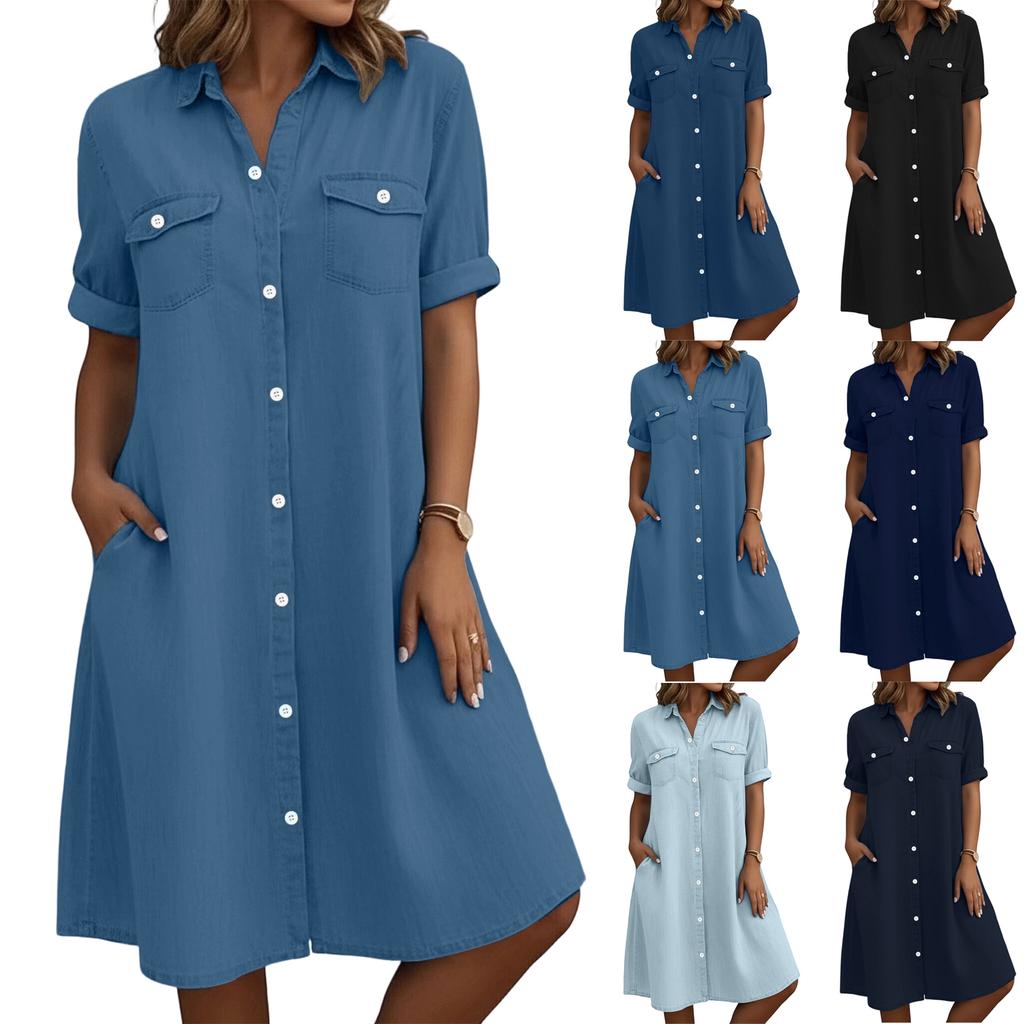 Women’s Button Down Shirt Dress with Short Sleeves Front Pockets Casual Loose Fit Tunic Knee Length