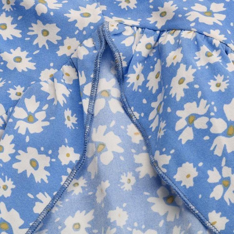 Floral Print High Waist V Neck Dress with Irregular Flying Sleeve for Women
