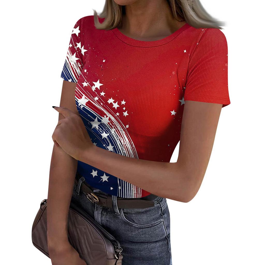 Women's Casual Fashion Round Neck Independence Day Print Short-Sleeve Ribbed Top