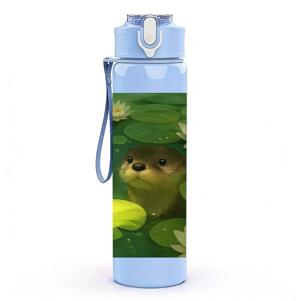 1PC Otter Lotus Pond Scene 750ml Color Plastic Sports Water Bottle Leakproof Flip Straw Lid Suitable for Sports Office Home Use
