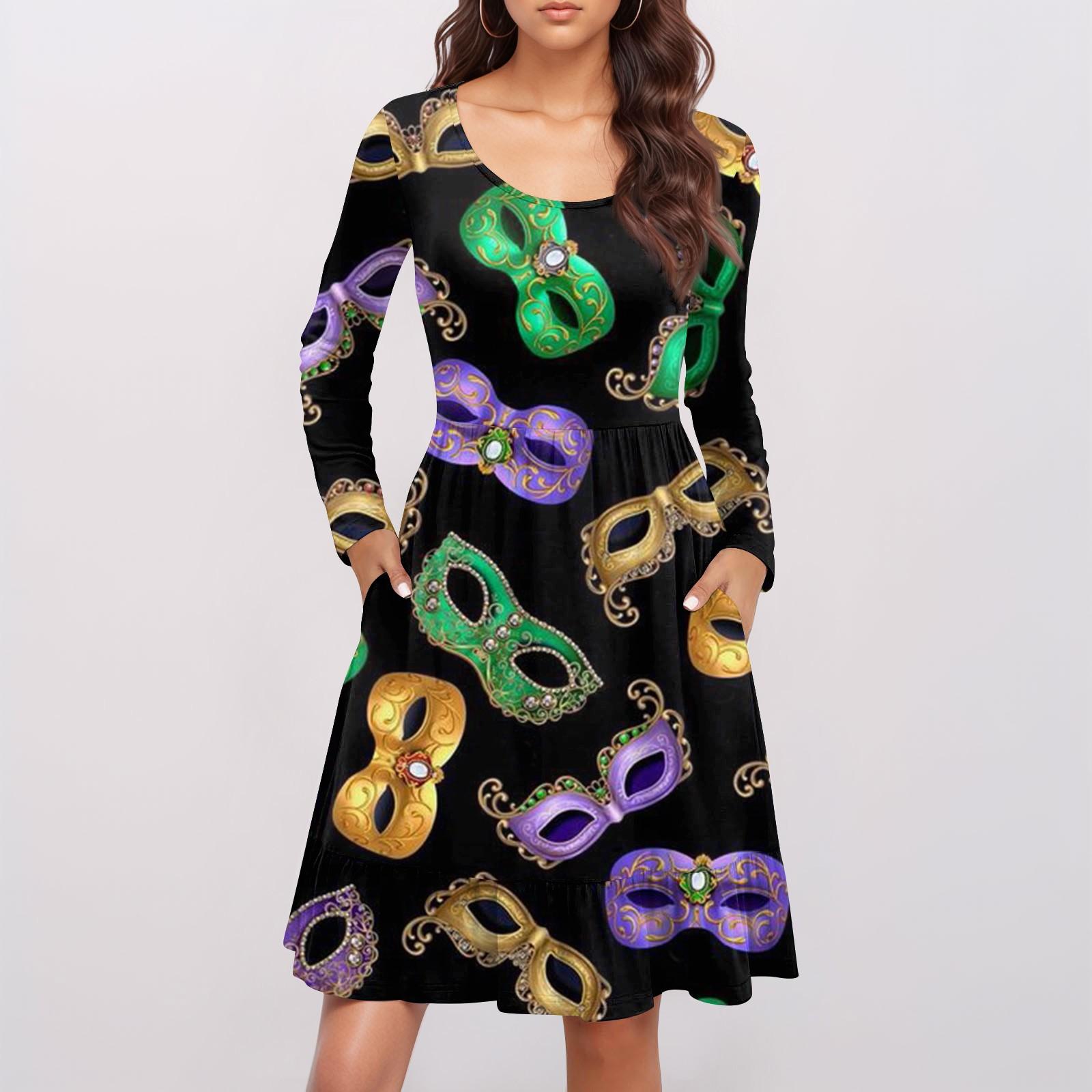 

Женское повседневное платье с круглым вырезом и длинными рукавами, карнавальный узор, свободная талия, плиссированное платье XXL