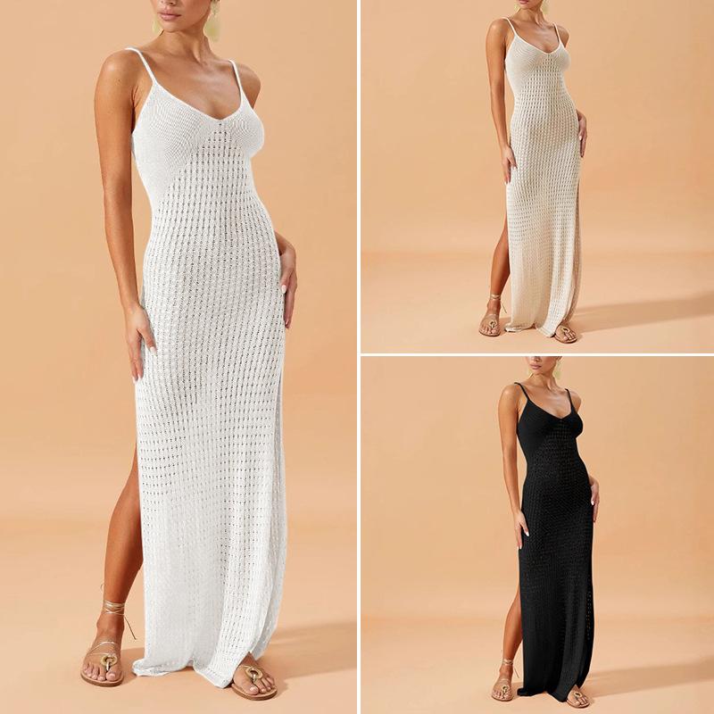 Jednobarevné halter šaty s bočními rozparky, Perfektní letní přímořský vzhled pro dámské pletené šaty, Zeštíhlující šaty obepínající tělo