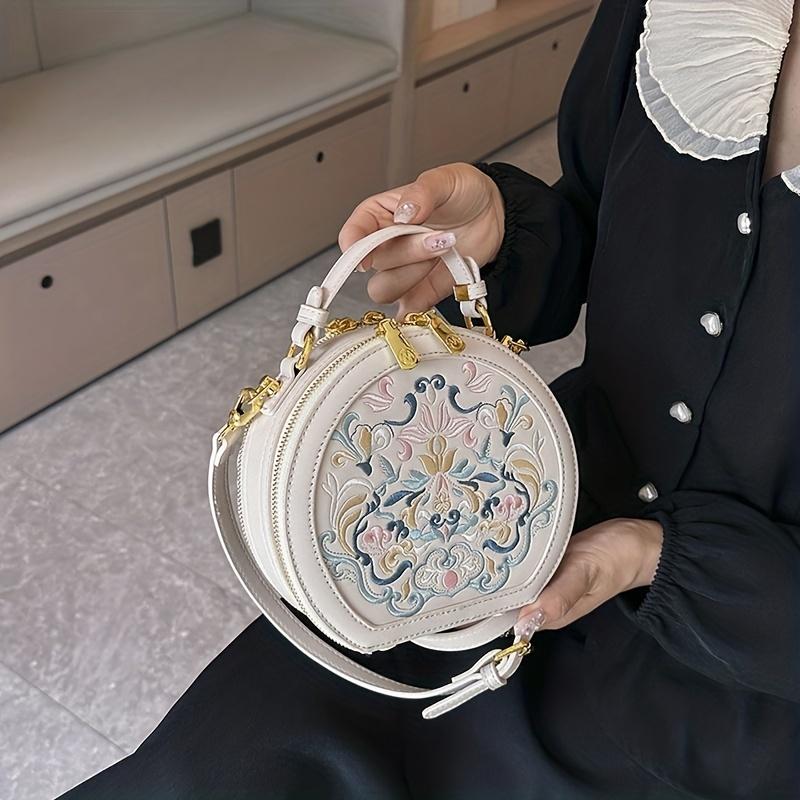 Vintažinė siuvinėta apvali rankinė per petį, rankinė su užtrauktuku, klasikinė, madinga, nišinė krepšys