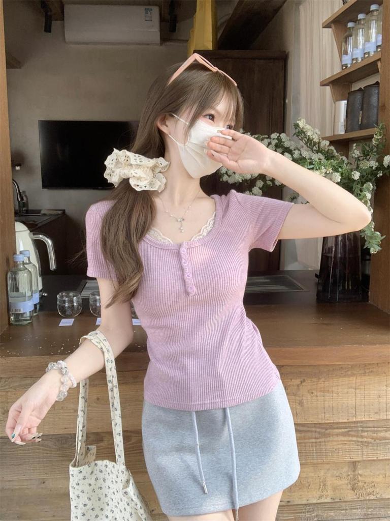 Summer Korean Style Sweet Square Neck Lace Trim Button Slim Fit Short Sleeve Top