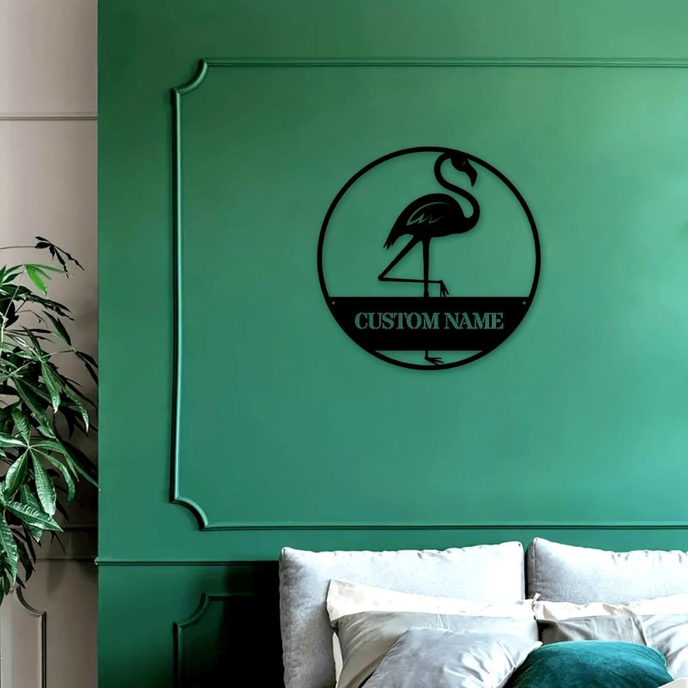 Metal Flamingo Wall Decor, Personalized Family Name Sign, Rustic Indoor Outdoor Art, Unique Home Gift