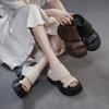 Echt Leer Retro Dikke Zool Peep Toe Sandalen Veelzijdige Blokhak Instappers voor Dames