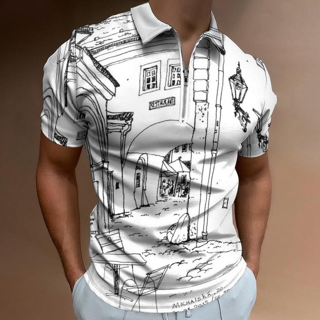 Must-Have: Sketch Print Half-Zip Short Sleeve Polo, Casual Style