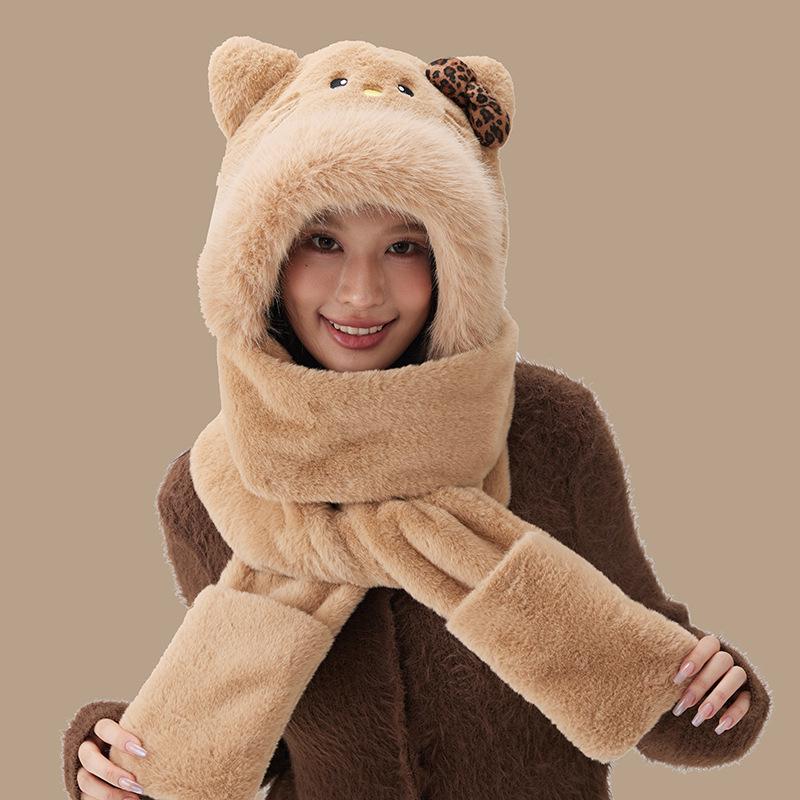 Мультяшный набор шапка, шарф и перчатки Labubu - Милый, плюшевый, ветрозащитный и теплый