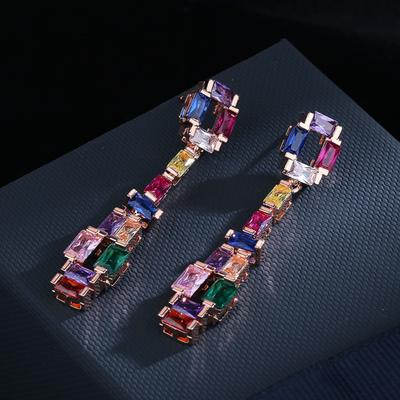 Simulation Colorful Tourmaline Earrings Impact Color Fashionable Earrings Super Sparkling Zirconium Round Face Slim Long Earrings