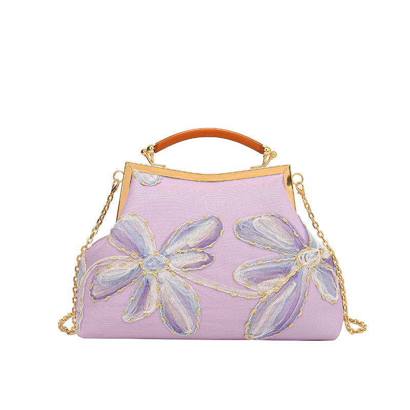 Women's Embroidered Shoulder Bag Fashion Metal Handle Crossbody Purse Chain Strap Elegant Party Clutch