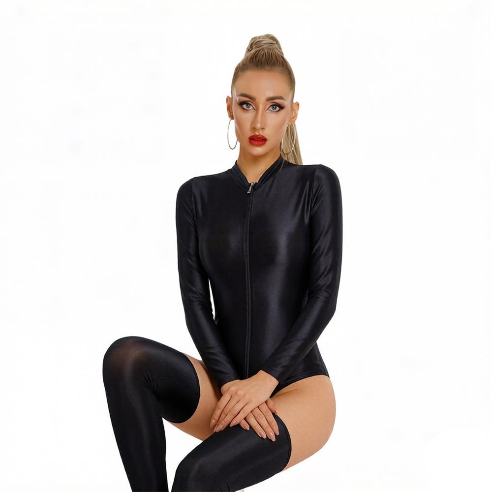 Women Stain Smooth Bodysuit One Pieces Thong Two Way Zipper Open Crotch Elastic Tights Oil Shiny Yoga Shaping Maid Leotard
