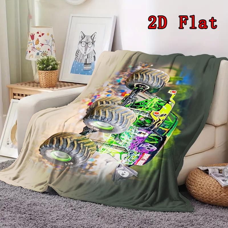 Green monster truck 2D Flat Pattern Flannel Blanket High quality All Seasons Warmth and Comfort Perfect for Christmas Gifts.MMT0918416