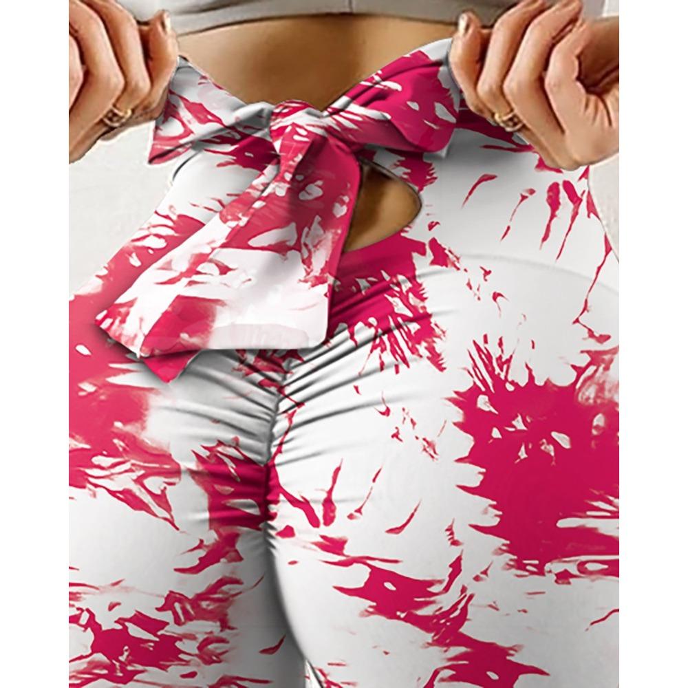 New Arrival Fitness High-Stretch Sweat-Wicking Digital Print Bow-Tie Drawstring Trousers Leggings High-Waisted Slim-Fit Yoga Pants for Women