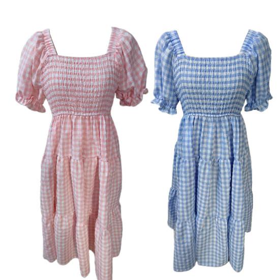 Damen Kleid Karomuster Puffärmel Eckiger Ausschnitt Hohe Taille Sommer Swing Kleid