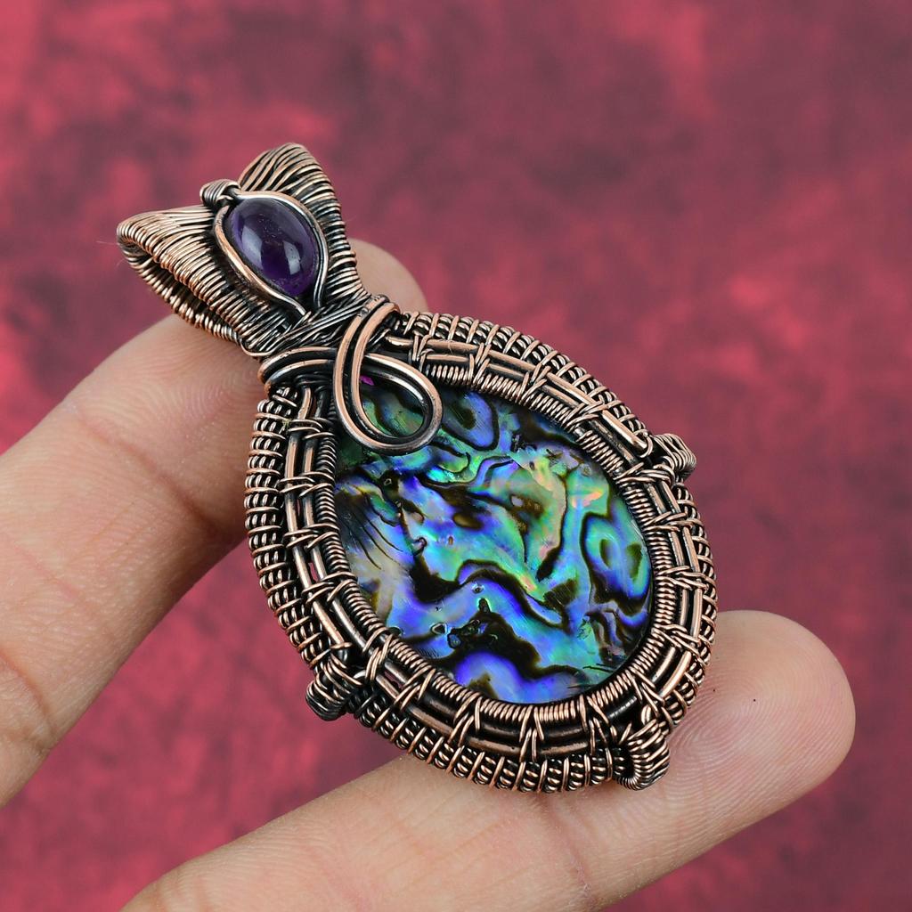 Abalone Shell Pendant Copper Wire Wrapped Pendant African Amethyst Pendant Handmade Copper Jewelry Genuine Gemstone Pendant Engagement Gifts