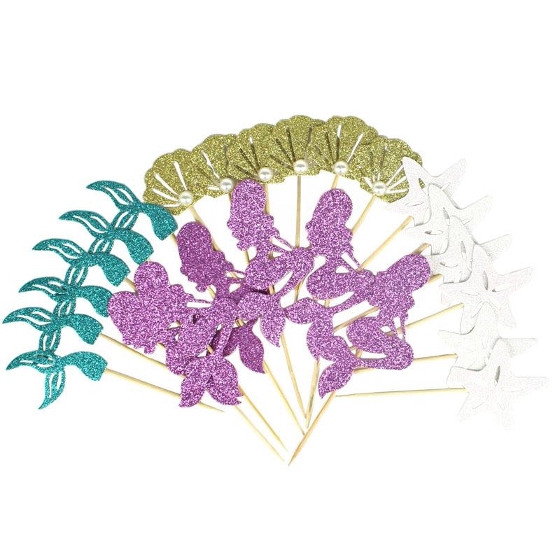 Mermaid Theme Cupcake Topper Cake Flags For Girl Birthday Party Decorations 
