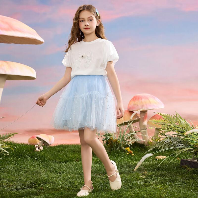 ASK JUNIOR Girl's Short Sleeve T-Shirt with Puff Sleeves and 3D Bow