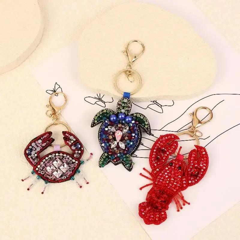 Rhinestone Lobster Beaded Pendant Pretty Hand Sewn Bag Charms Crab Shells Turtle Hanging Rope Patches Applique Bag Lanyard