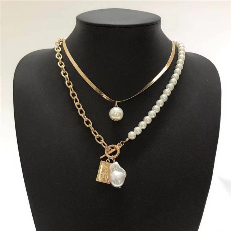 Fashion Alloy Pearl Splicing Stacked Necklace Retro Baroque Style Imitation Pearl Necklace Women's Elegant Square Necklace Set