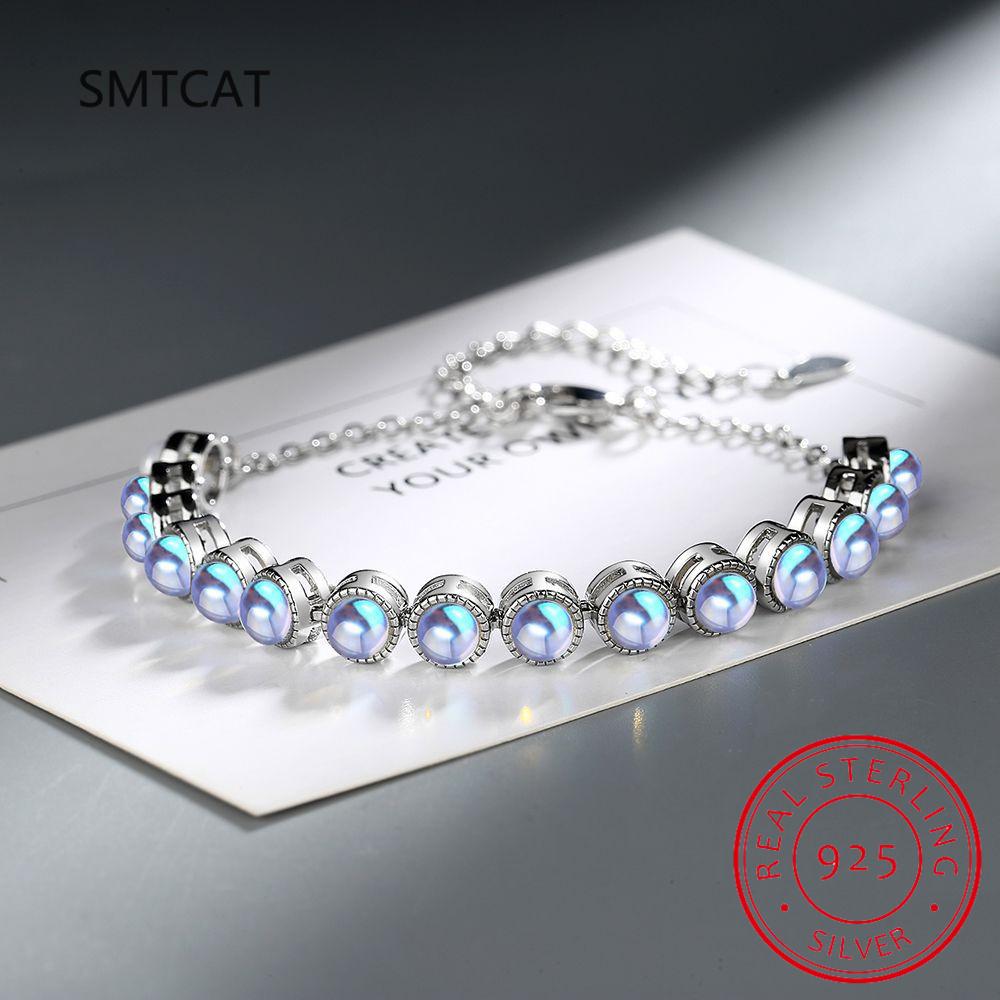 Created Round Blue Opal Stone Bracelets 925 Silver Chain Bracelets for Women Cubic Zirconia Fine Jewelry
