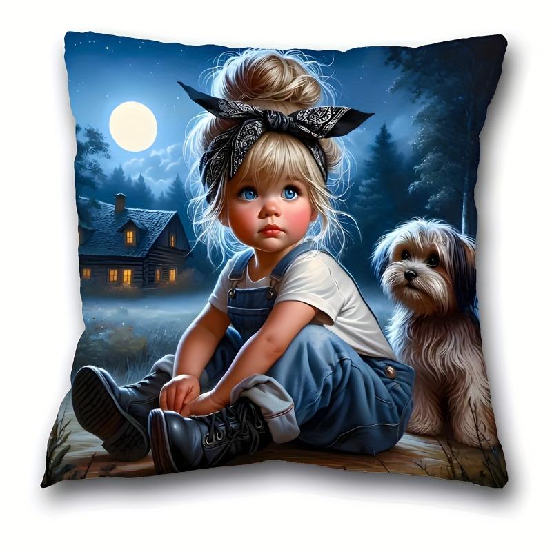 

Charming Girl and Dog Pillowcase - Soft Plush Gift No Pillow Insert Night Scene Design for Kids Room Decor Unique Home Accessory 16x16Inch