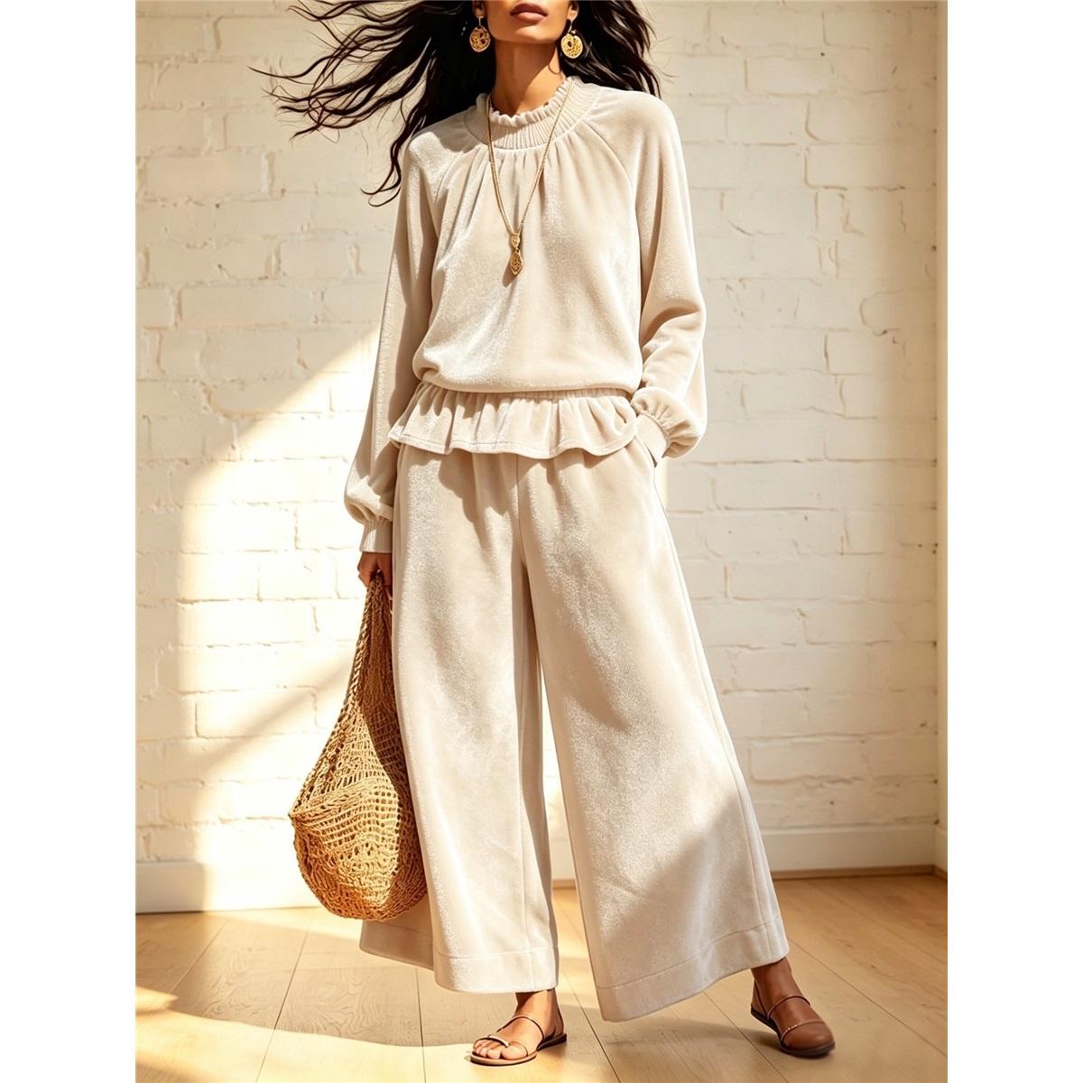 Dames 2-delig Outfit Ruchekraag Lange Mouwen Blouse Elastische Taille Wijde Broek Linnenlook Casual Set M