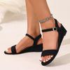 2026 Elegant Black Wedge Sandals for Women with Rhinestone Strap