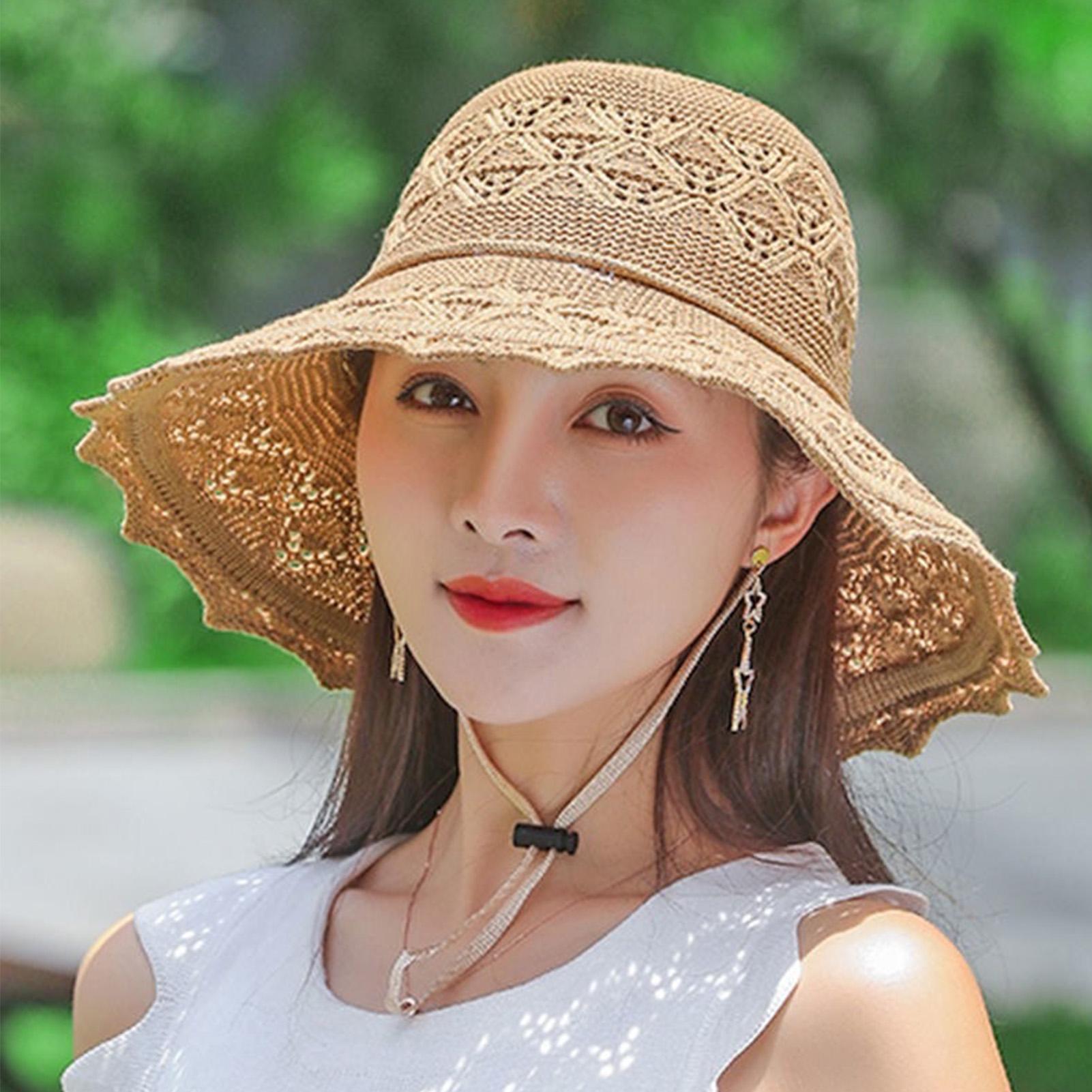 My Extreme Outdoor Activities Women's Beige Summer Crochet Straw Hat For Beach Hat Flower Wide Brim Beach Sun Hat Panama Straw Hat Lightweight Floppy Hat