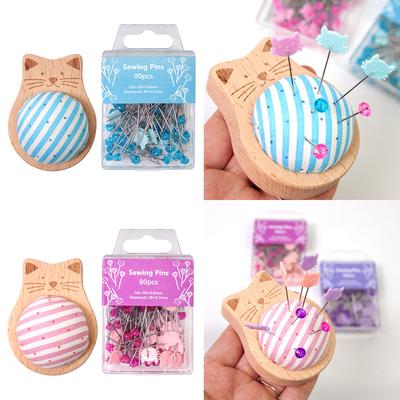Wood Pin Cushion with 80 Sewing Pin for Sewing Dressmaking Needlework Wood Pin Holder and Long Straight Quilting Pin Set