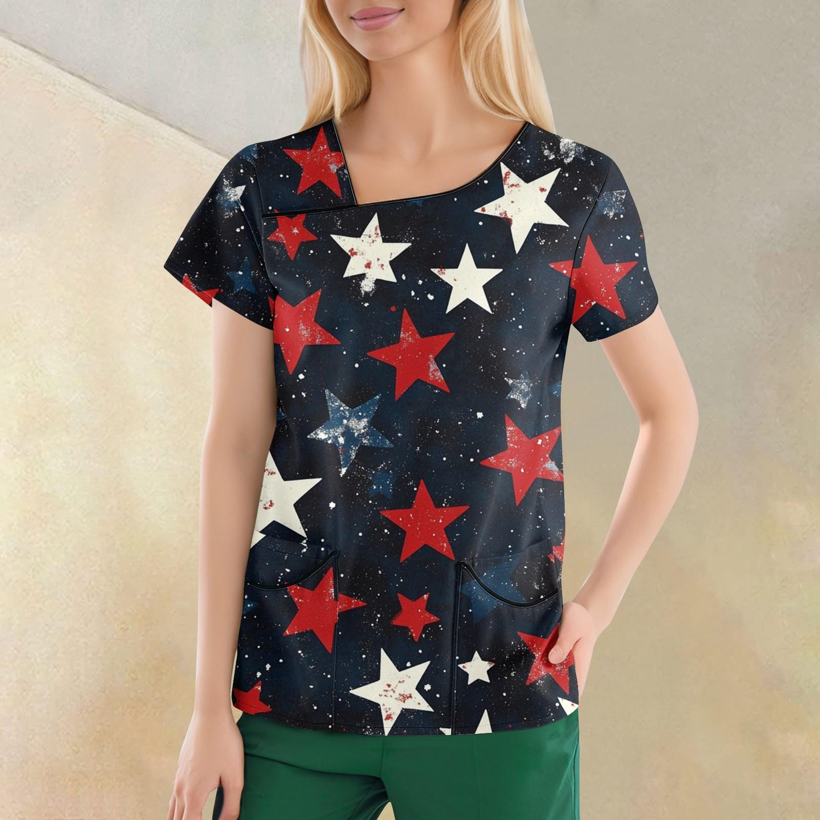 

Женская повседневная рабочая одежда с короткими рукавами и наклонным воротником с принтом и двойными карманами XXXL