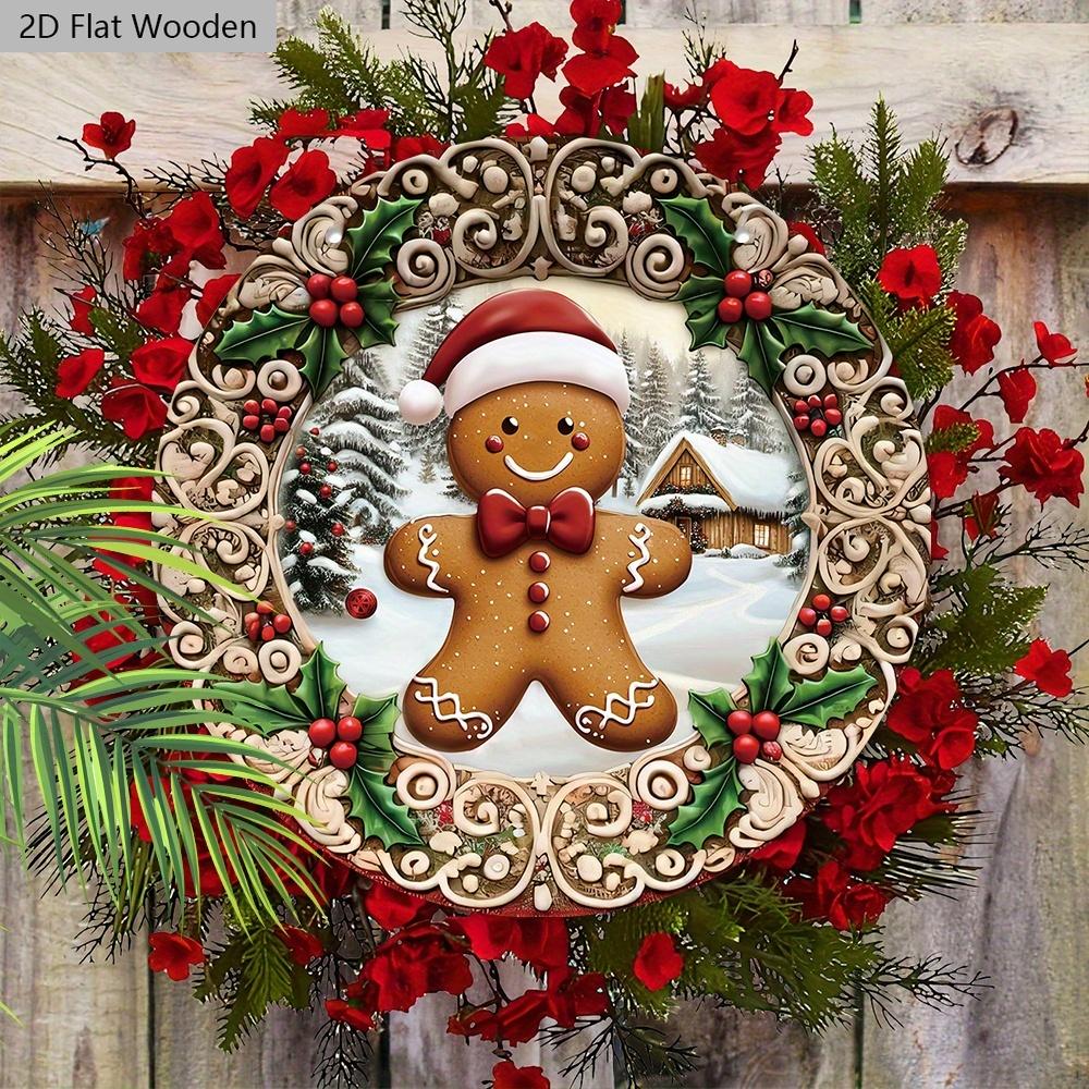 Wooden Christmas Sign with Gingerbread Man Pattern - Navidad Round Sign for Front Door, Wall Hanging Decor - Ideal Christmas Decoration