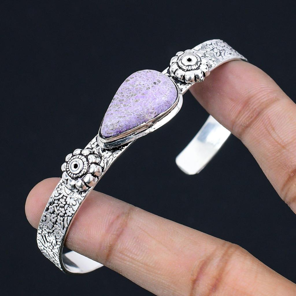Womens day Deal Pear Natural Purpurite Boho Bangle Bracelet 925 Sterling Silver