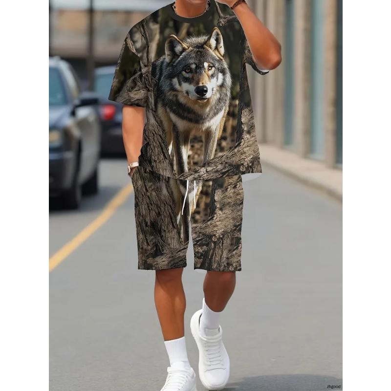 Fashion Men's Casual Suit 3D Casual Color Printing Summer T-shirt Shorts Simple