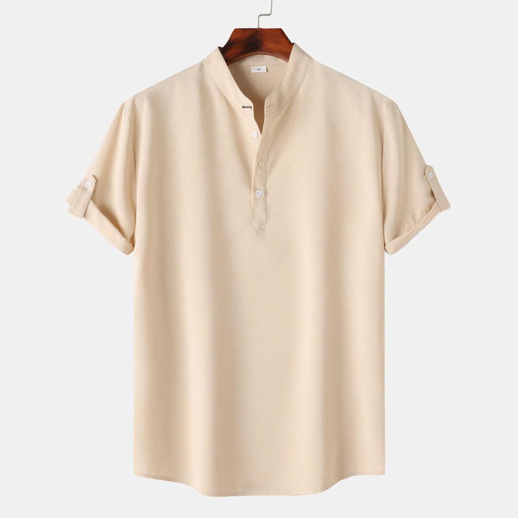 Men's Slim-Fit Stand-Up Collar Solid Color Short-Sleeve Shirt, 2024 Spring/Autumn Collection