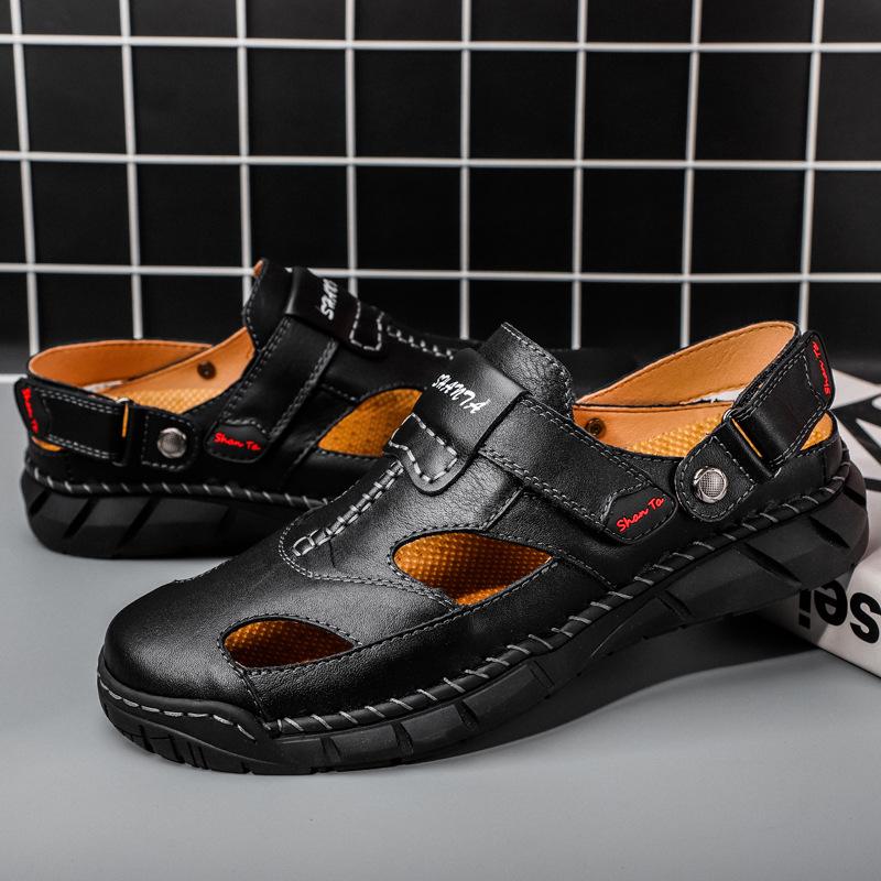 Spring and summer, foreign trade new large-size beach sandals, genuine leather cowhide outdoor handmade men's bag head sandals