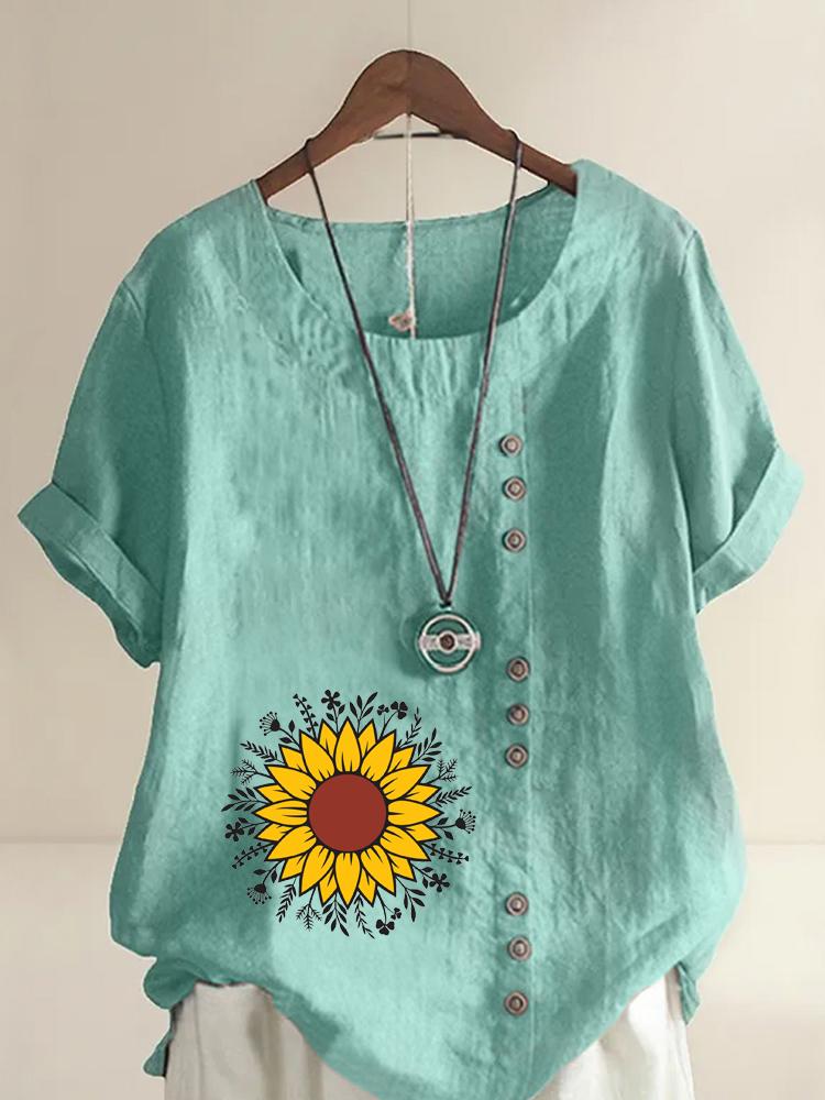 Women's Fashion Sunflower Flowers Print Shot Sleeve T-shirt Loose Cotton Shirt Casual Loose Summer Blouse Tops Plus Size