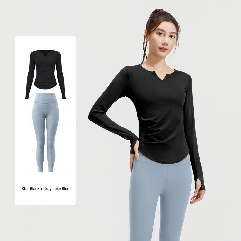 

Персиковый комплект для йоги с V-образным вырезом и драпировкой, леггинсы с высокой талией, комплект для фитнеса и велоспорта с длинным рукавом Large