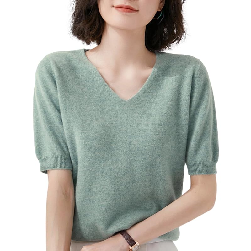 

[BN1 select] knit short sleeve ladies spring summer autumn clothes Beautiful sweater V-neck tops women s clothing 30s 40s 50s green ash green BN276