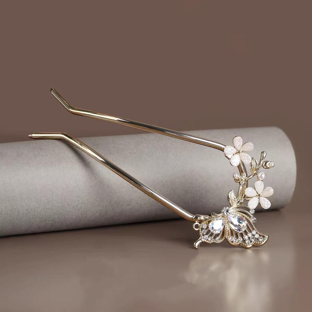 Butterfly fan U-shaped 2025 hair clip, women's rhinestone flower hair buckle, modern and simple hair tie at the back of the head