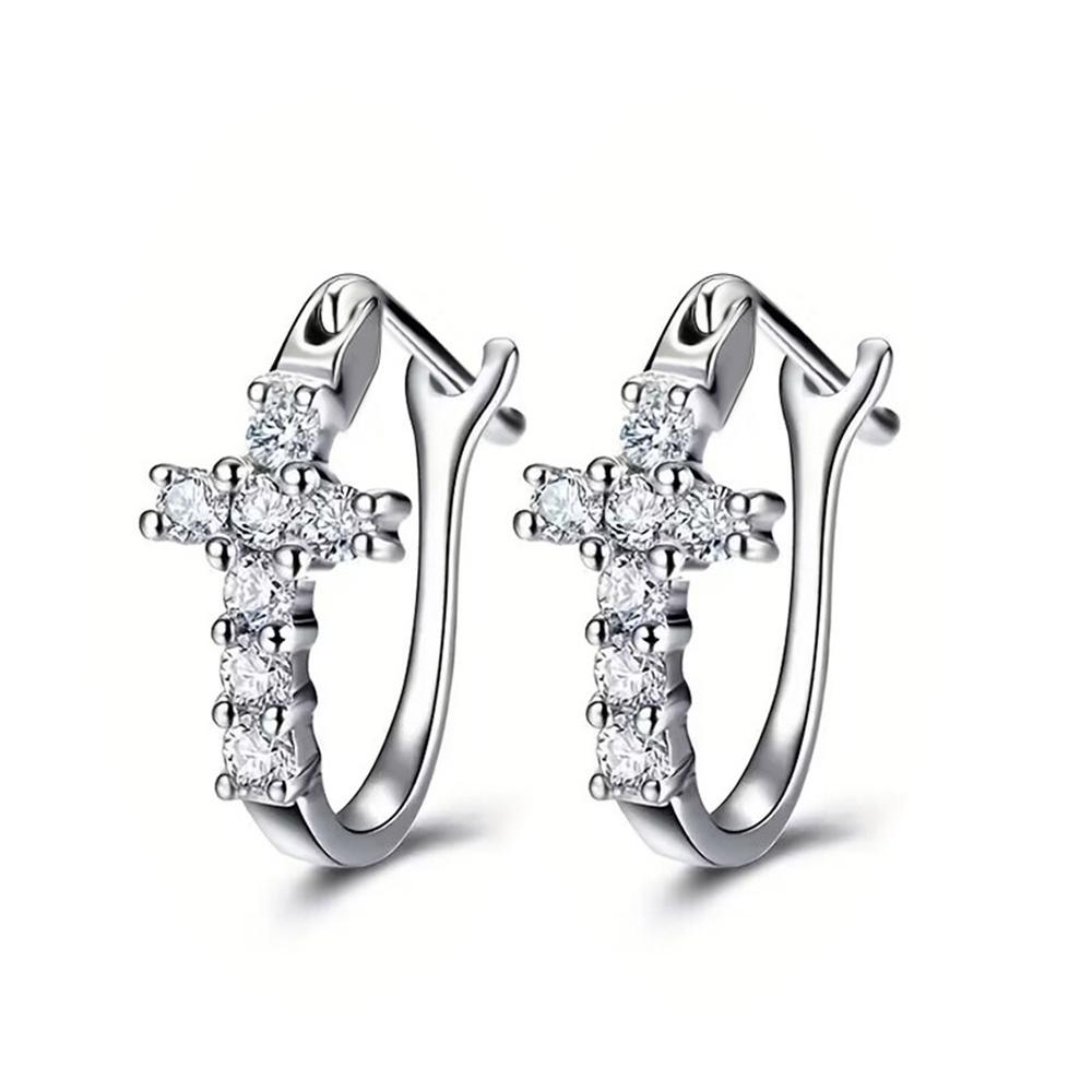 Charm Female White Zircon Stone Cross Hoop Earrings Gold Color Simple Wedding Jewelry For Women