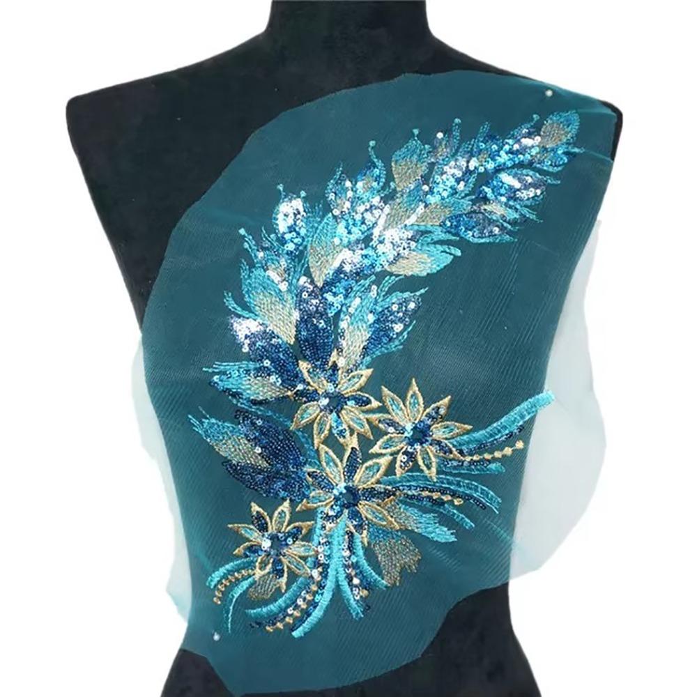Blue Black Gold Sequined Embroidery Patches Lace Trims Mesh DIY Embroidered Floral Patches Sequins Patches