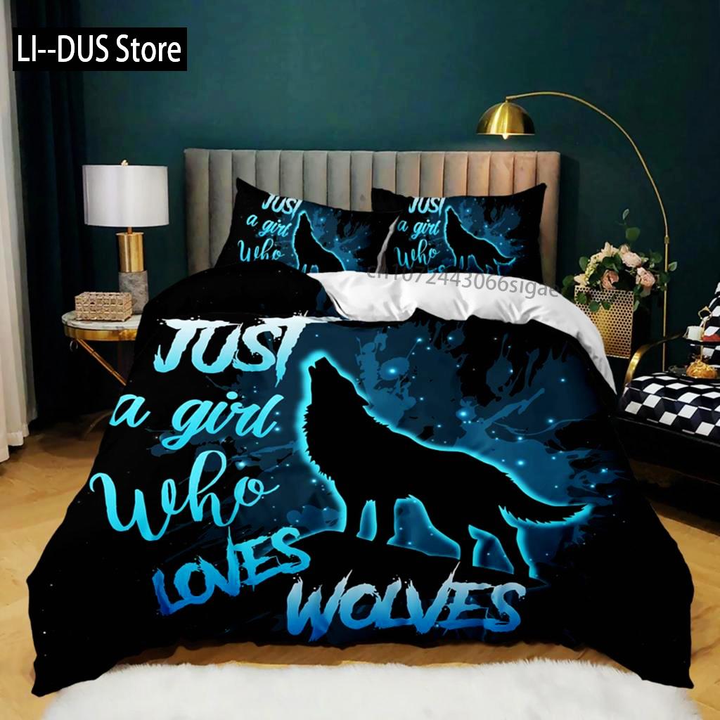 Cartoon Duvet Cover Set Howling Wolf In The Moonlit Night Bedding Set Polyester Just A Girl Who Loves Wolves Pattern Quilt Cover