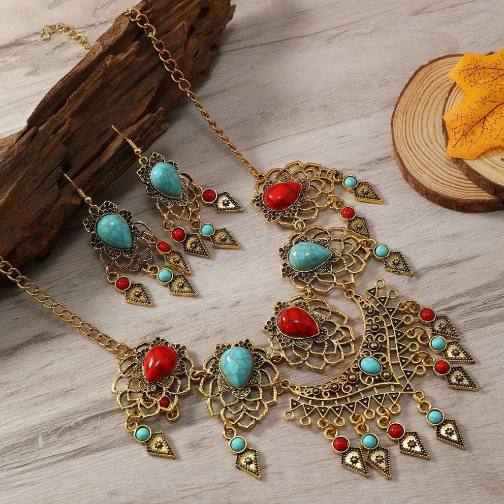Retro Ethnic Style Carved Turquoise Water Drop Tassel Exaggerated Necklace Earrings Set