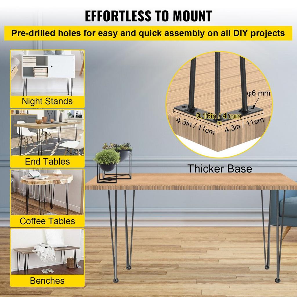 Hairpin Table Legs 36" Black Set of 4 Desk Legs 880lbs Load Capacity (Each 220lbs) Hairpin Desk Legs 3 Rods for Bench Desk Dining End Table Chairs