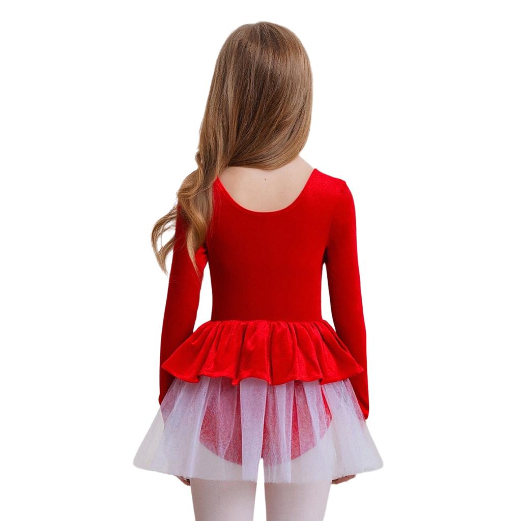 Mädchen Eiskunstlauf Performance Kleid Langarm Glitzernde Pailletten Patchwork Samt Tüllkleid Eingearbeiteter Slip Ballett Kostüm