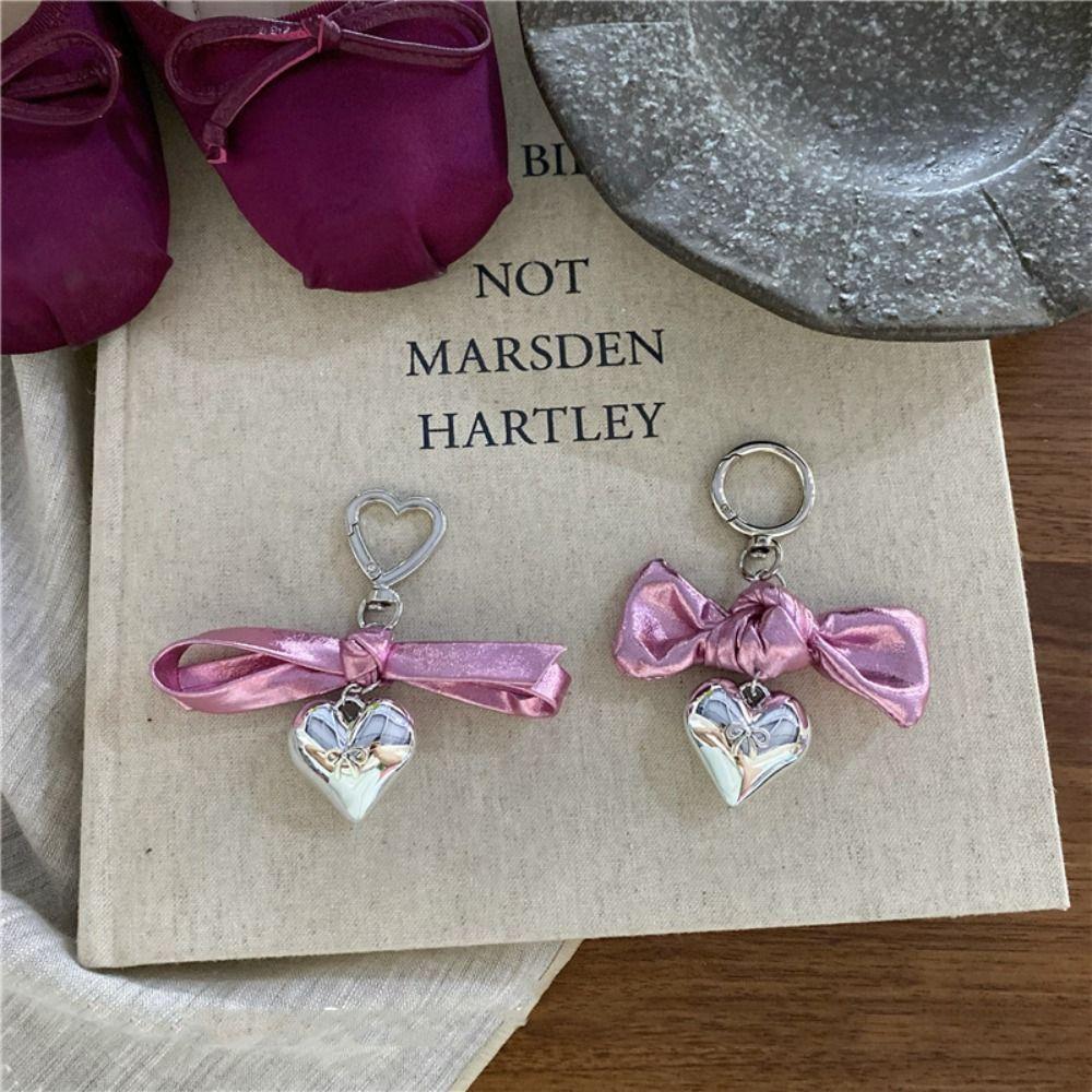 

Silver Heart Phone Chains Keyring Bowknot Bag Pendant Creative Bow Keychain Couple Kids