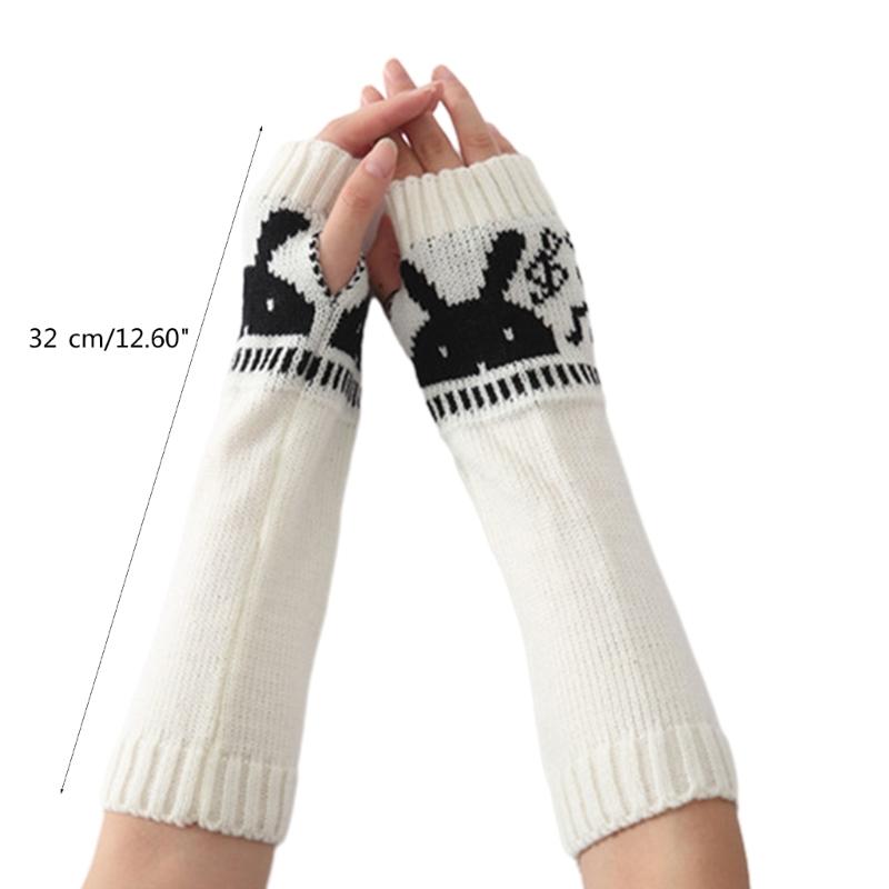 Womens Winter Warm Elbow Long Fingerless Thumb Hole Gloves Mittens Knitted Arm Warmer Cute Rabbit Fingerless Glove