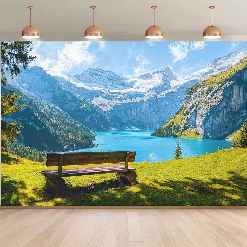2D Flat Printing Swiss Alps Lake Tapestry, Mountain View with Bench Wall Decor
